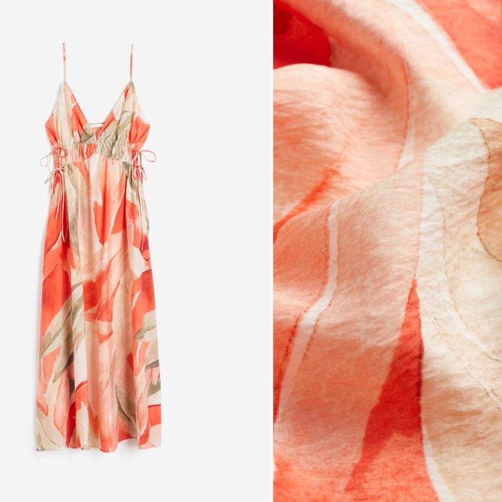 H&M A-Line Midi Spaghetti Strap Multicolor Draw S… - image 1